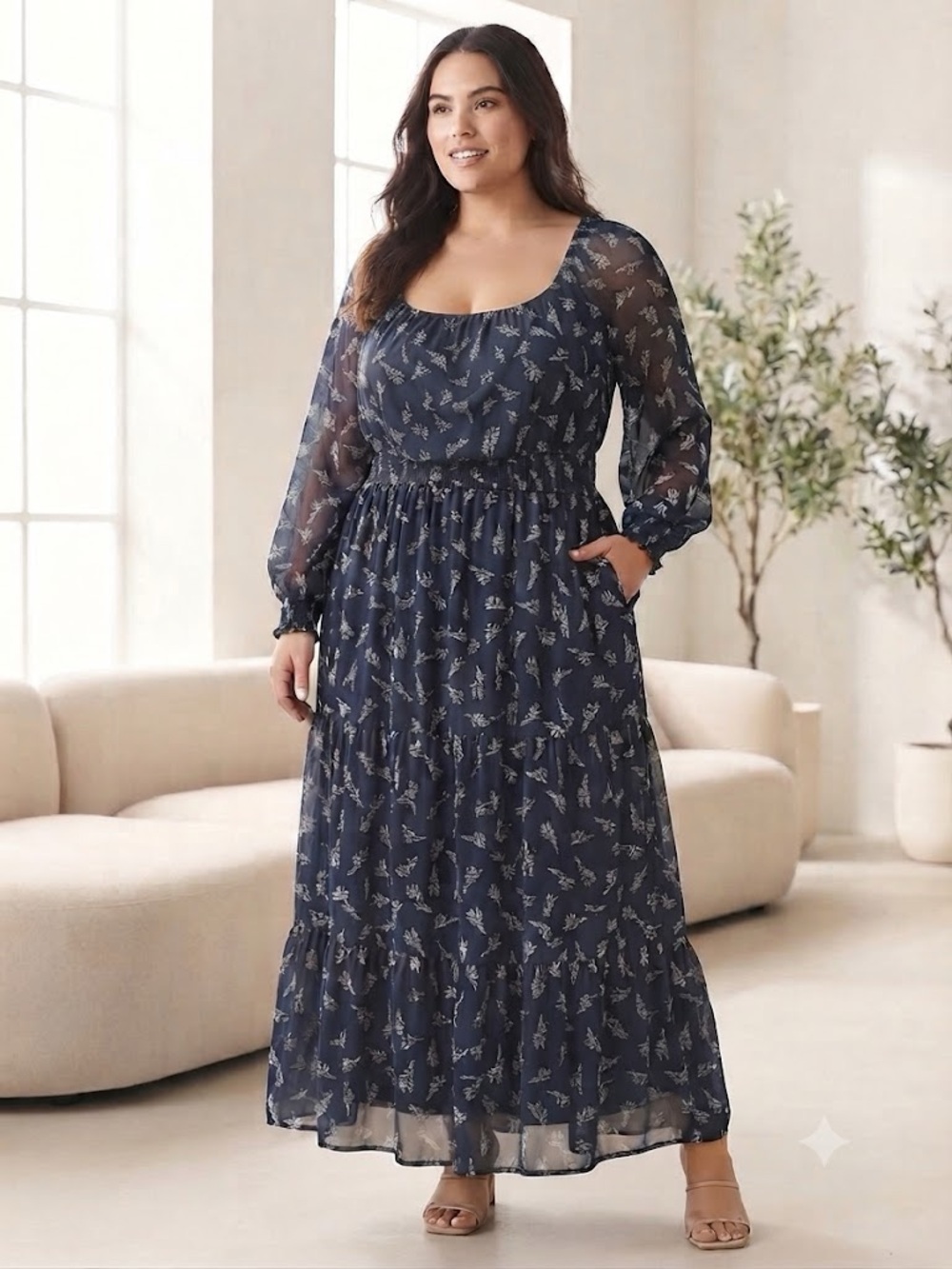 Knox Rose size XL Navy Floral Tiered Maxi Dress with Sheer Balloon Sleeves